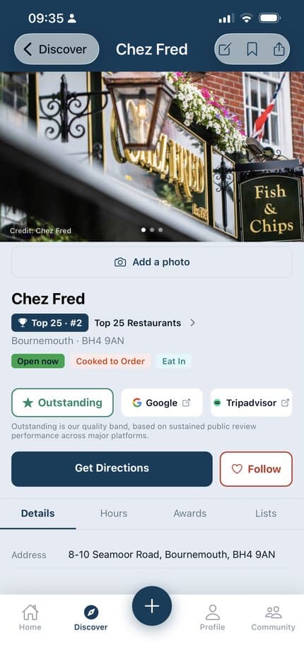A shop page, showing its award, rating tier and opening hours