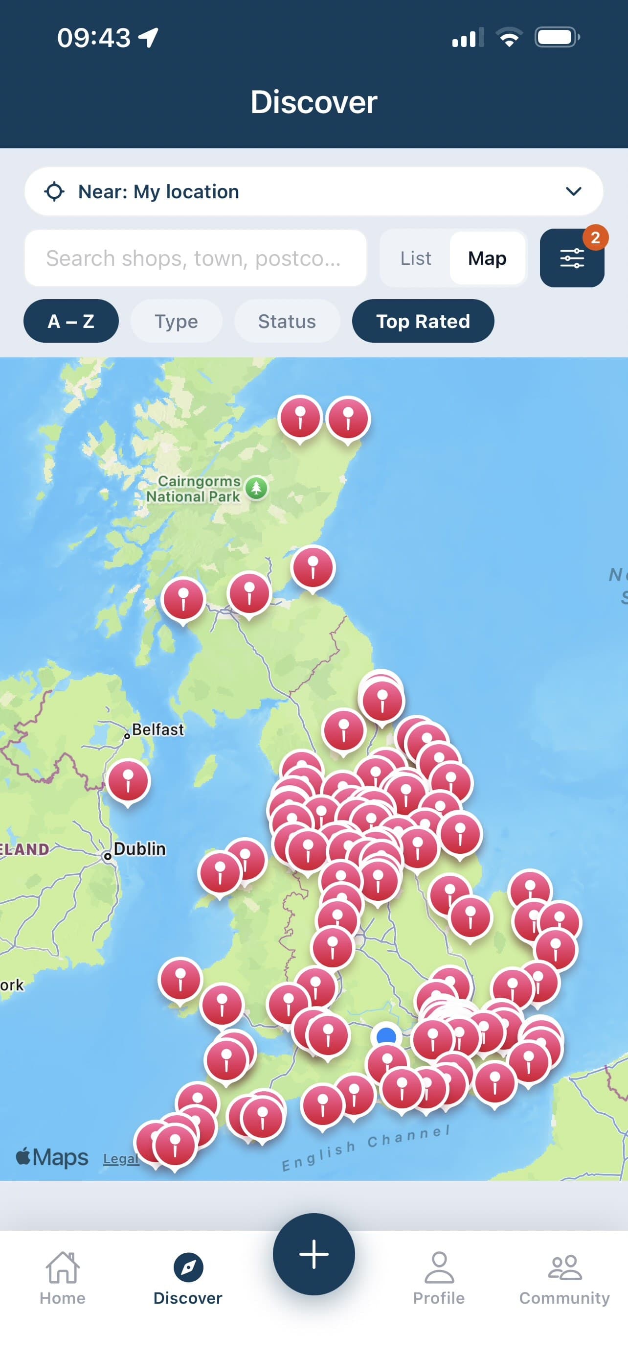 Map: Top-rated shops across England, Scotland, Wales and Northern Ireland.