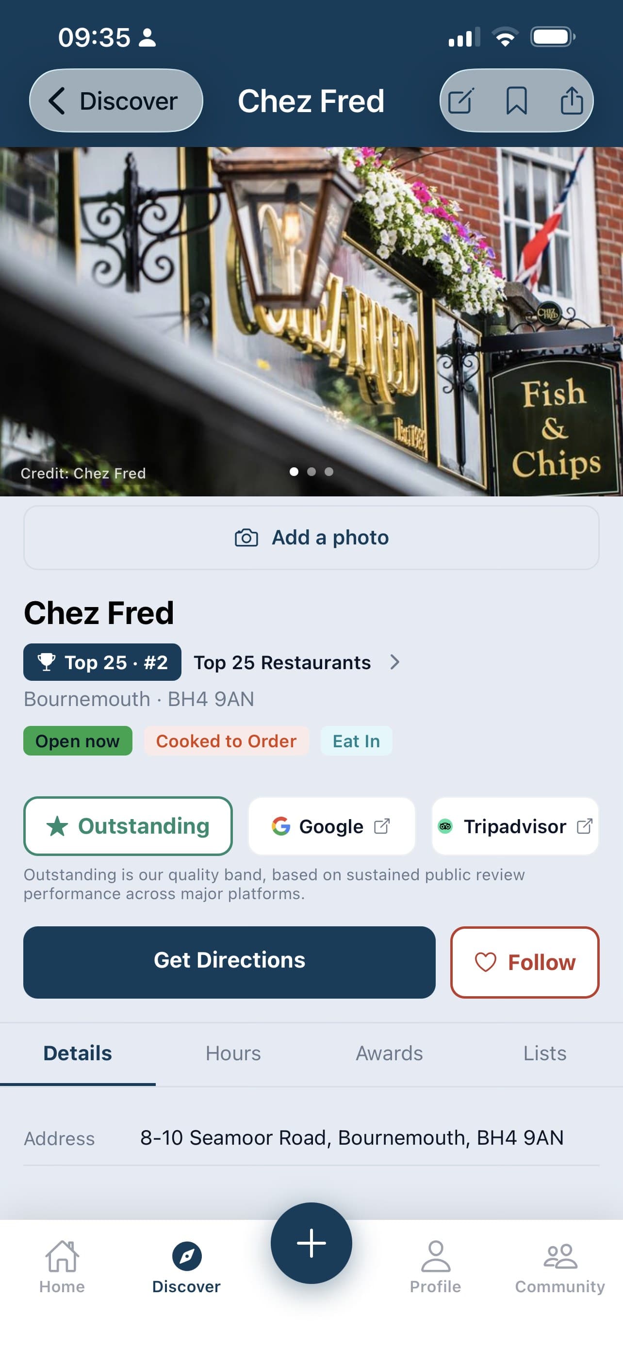 Shop page: Chez Fred, Bournemouth: No. 2 in the Top 25 Restaurants.